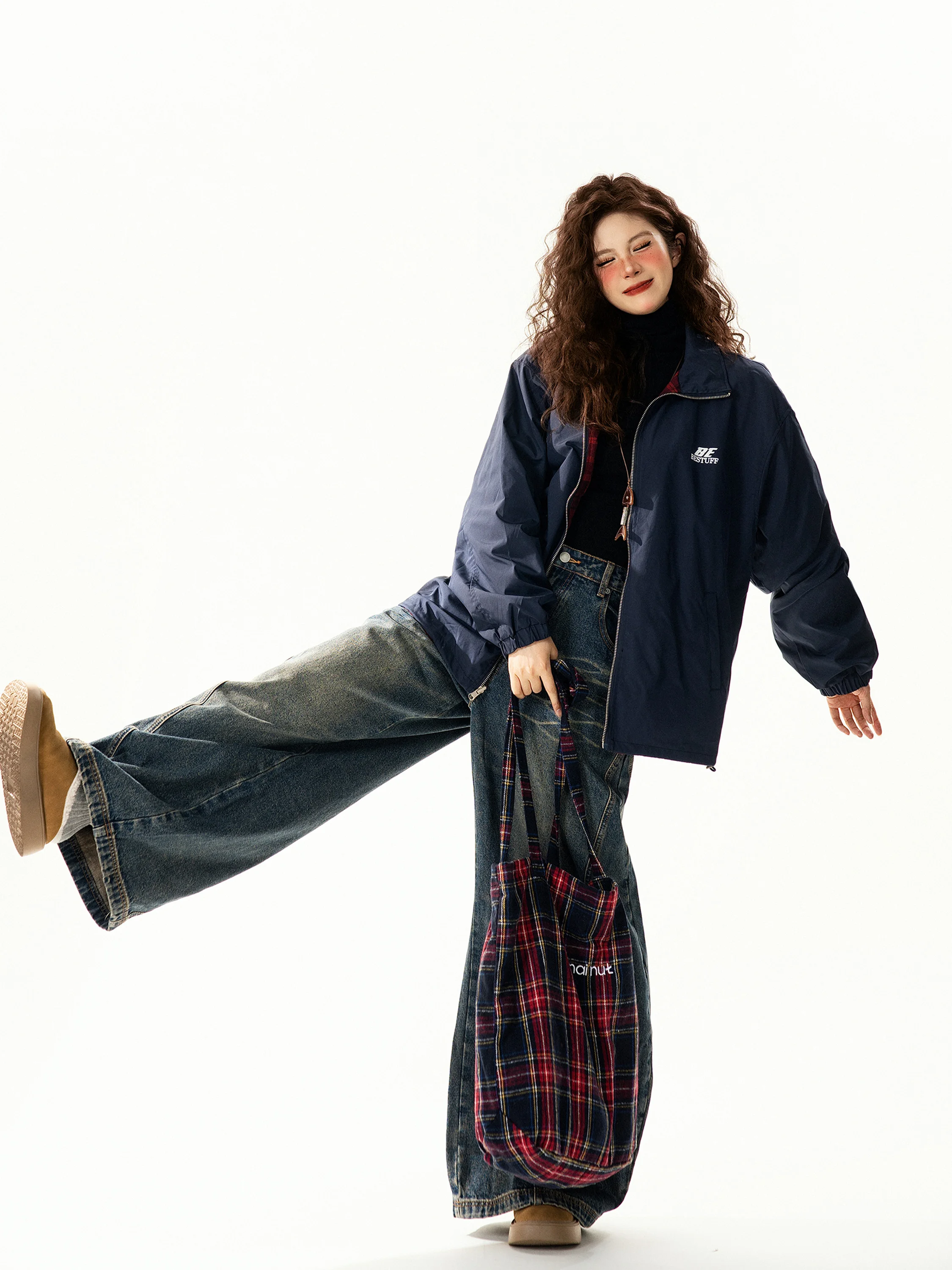 

Двусторонняя женская куртка в клетку с пэчворком, свободного кроя, в американском ретро-стиле, уличная модная верхняя одежда