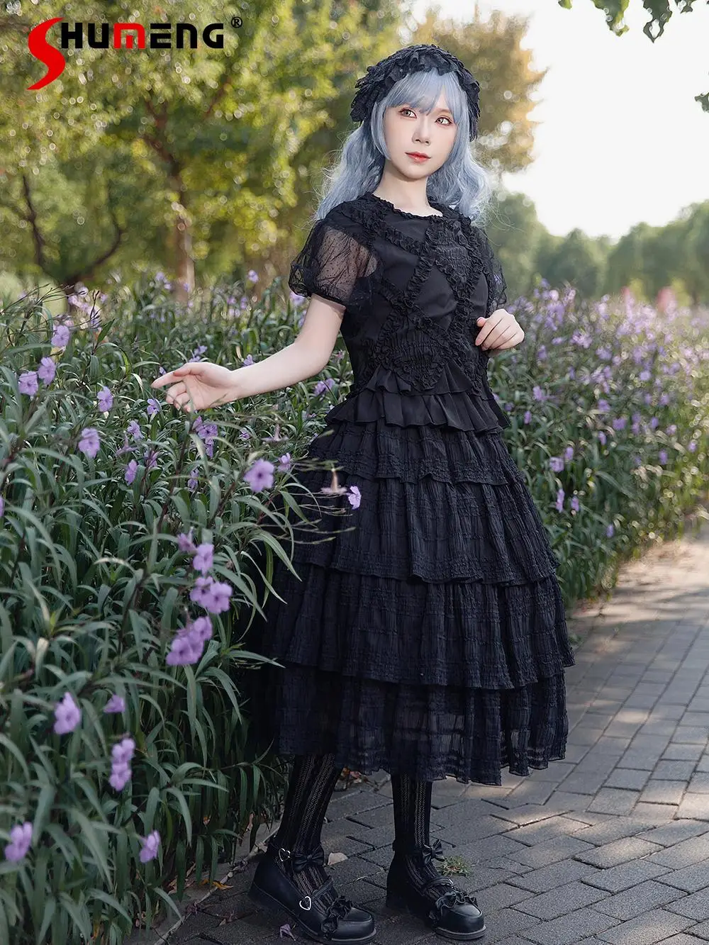 Dark Goth Black Lolita SK Sets Round Neck Short Sleeve Ruffle Plaid Top Elastic High Waist A-line Long Skirt Two-piece Set Women