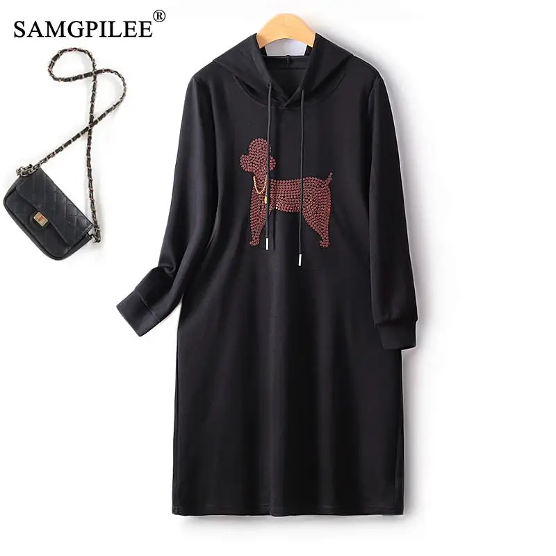 

Dresses For Women 2023 New Cartoon Embroidered Sequin Hooded Black Dress 2023 Autumn European Air Cotton Mid Length Female Dress