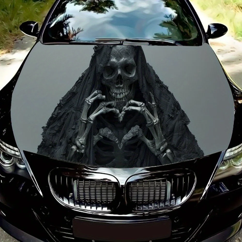 The Grim Reaper Holds a Heart-shaped Gesture Car Vinyl Wrap, PVC Waterproof Car Hood Sticker, Self-Adhesive Scratch-Resistant St