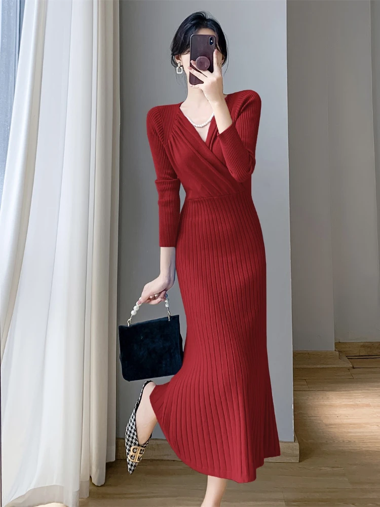 Robe longue à col en V pour femmes, pull de fête pour dames, vêtements français, Maxi blanc et noir, automne et hiver