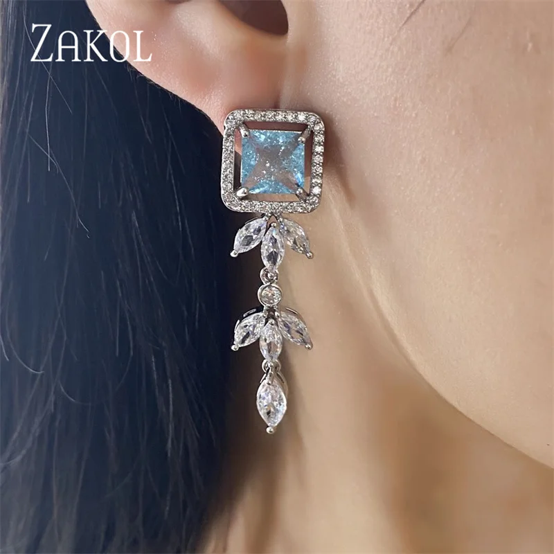 ZAKOL New Luxury Light Blue Square Zircon Long Tassel Drop Earring for Women Fashion Leaf Wedding Engagement Jewelry EP5351