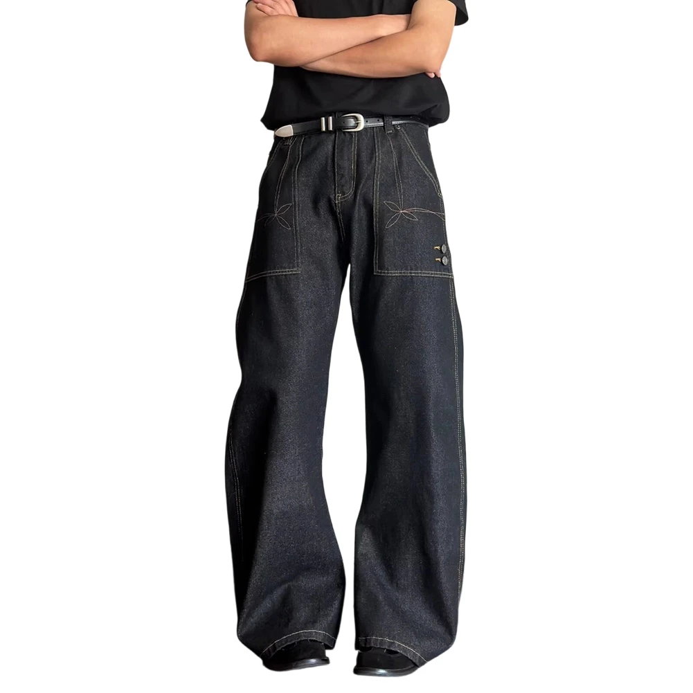 

Men Embroidered Jeans Retro Slim Fit Wide-leg High Street Flared Pants Trousers