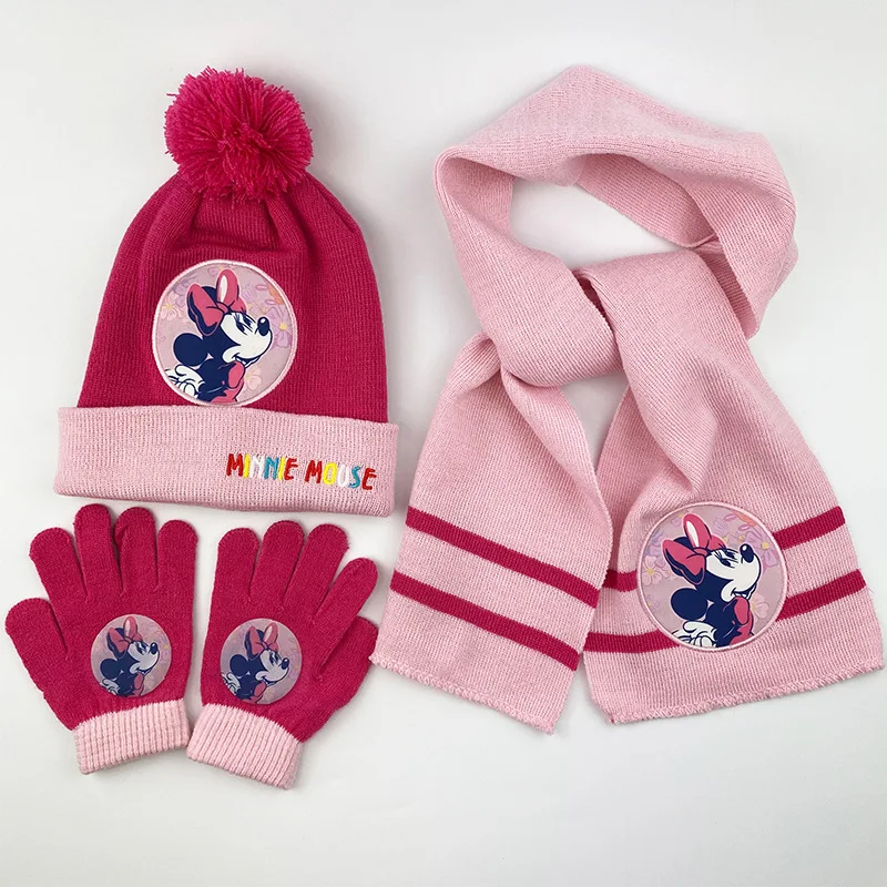 Disney Hat Scarf Gloves Three-piece Kawaii Cartoon Mickey Minnie Autumn Winter Children Knitted Warm Suit Cute Anime Kids Gifts