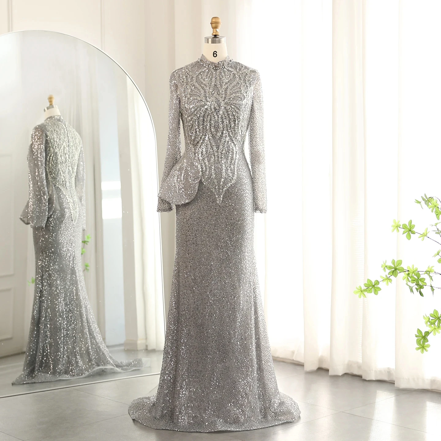 

Jancember Sparkling Gray Mermaid Muslim Evening Dress for Women Wedding Elegant Long Sleeves Arabic Formal Party Gowns SZ130