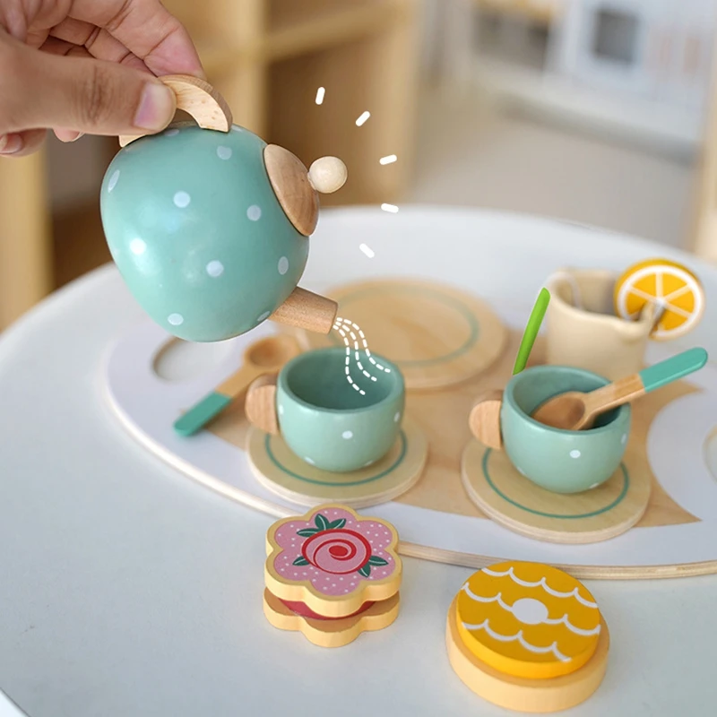 Children Play House Early Education Simulation Afternoon Tea Dessert Brewing Teapot Cup Tea Set of Wooden Toys