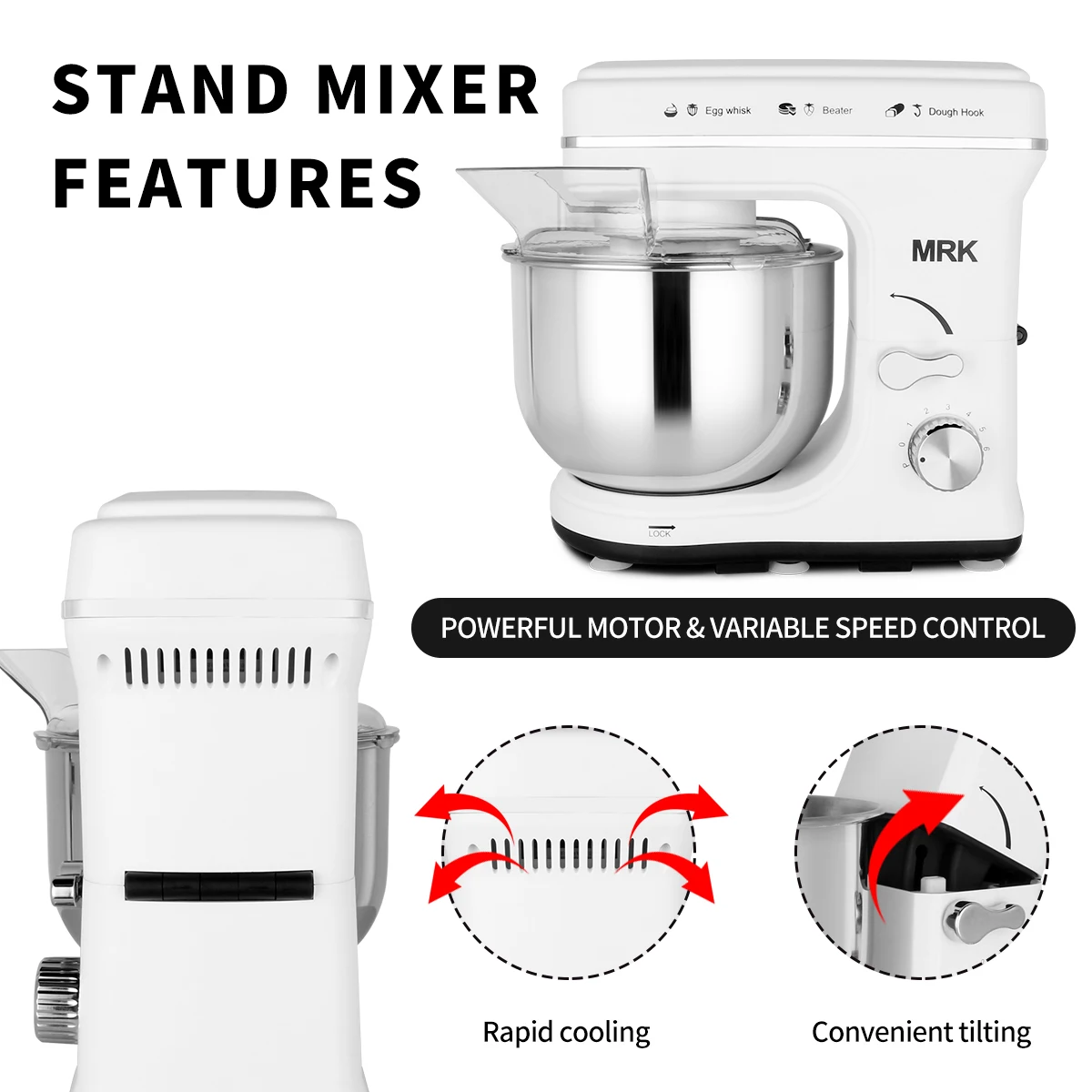 Ready to ship MRK kitchen stand food mixer with double dough hooks, flat beater, whisk and 4L stainless steel mixing bowl