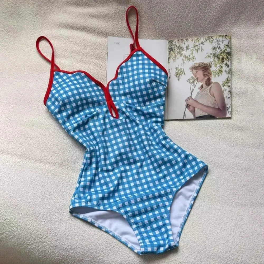 Slimming Design Plaid Swimsuit Suit Scalloped Rim Conservative Style Skirt Bathing Suit Backless Blue Swimwear Bikini Set