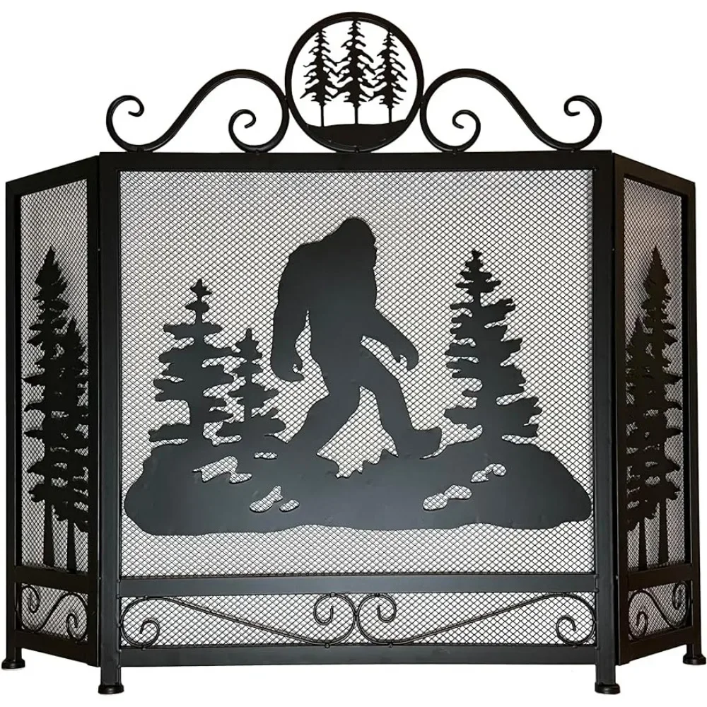 Folding Partition Bigfoot Sasquatch Wilderness Scene Fireplace Screen - Unique Heavy Duty Design - Cabin Interior Room Dividers