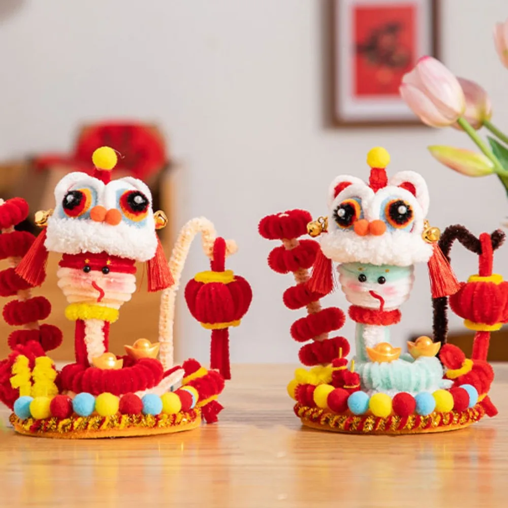 Iron Wire Strip Stick Kids DIY Lion Dance Toy Twist Wire Ethnic Handmade Plush New Year Craft Realistic Blessing Lantern Pendant