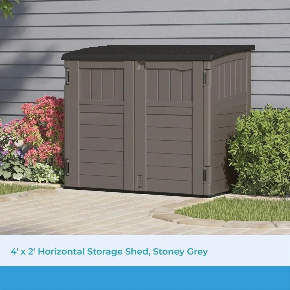 4' x 2.5' Lockable Outdoor Garden Resin Low Profile Horizontal Storage Shed with 3 Doors, 34 Cubic Feet, Gray