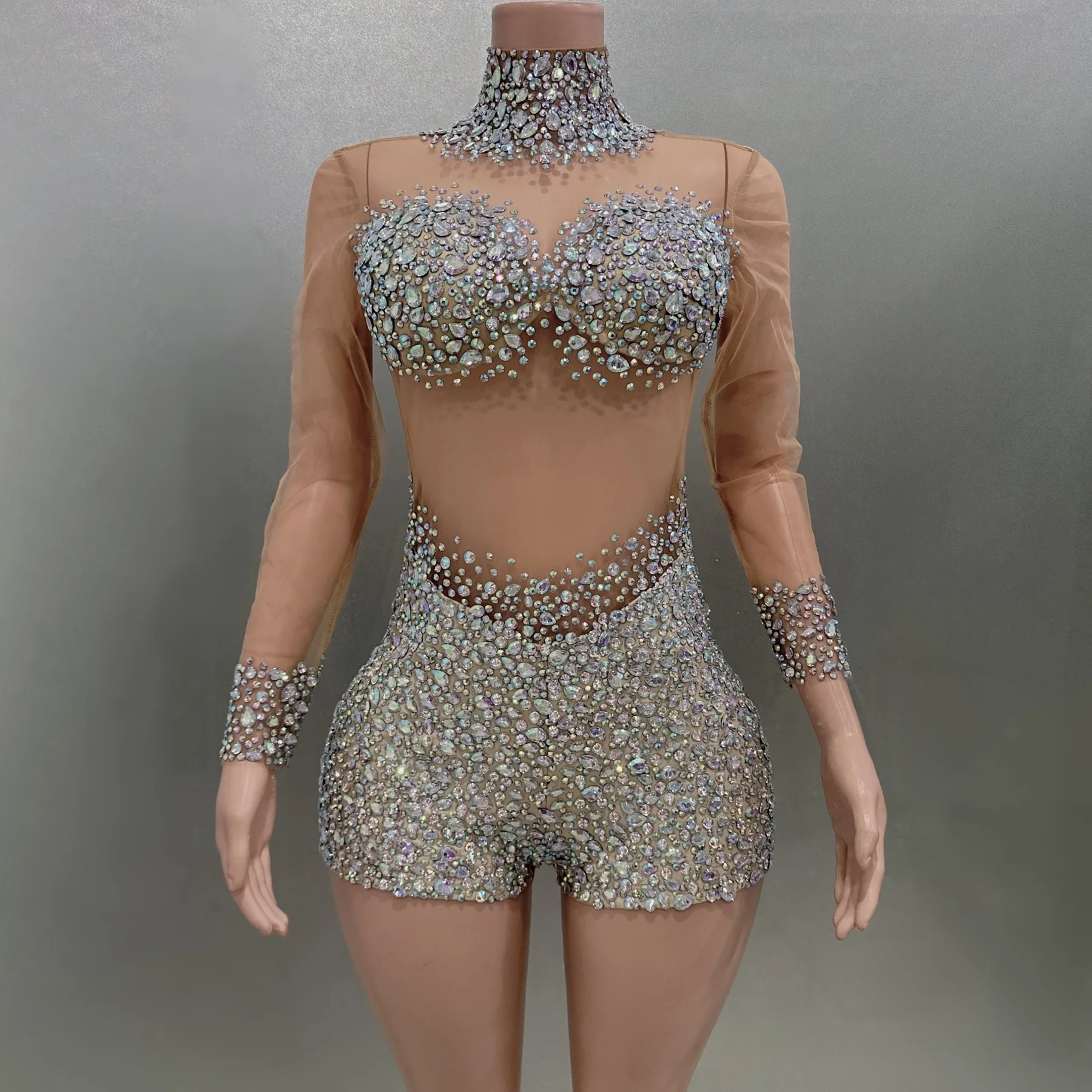 

Luxury Rhinestones Sexy See Through Bodysuit Singer Dancer Performance Costume Nightclub Evening Party Show Bodysuit Outfit