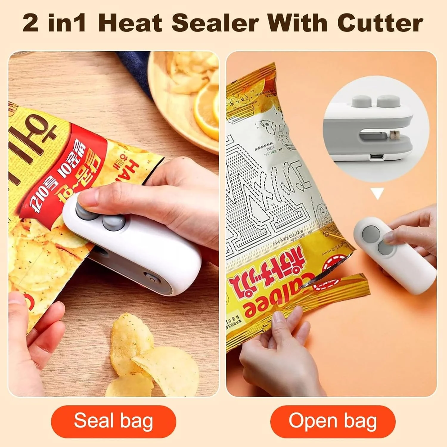 Mini Bag Sealer, 2024 New 2 in 1 USB Rechargeable Chip Bag Sealer Heat Seal Tool, Portable Handheld Vacuum Food Sealer Bag Seali