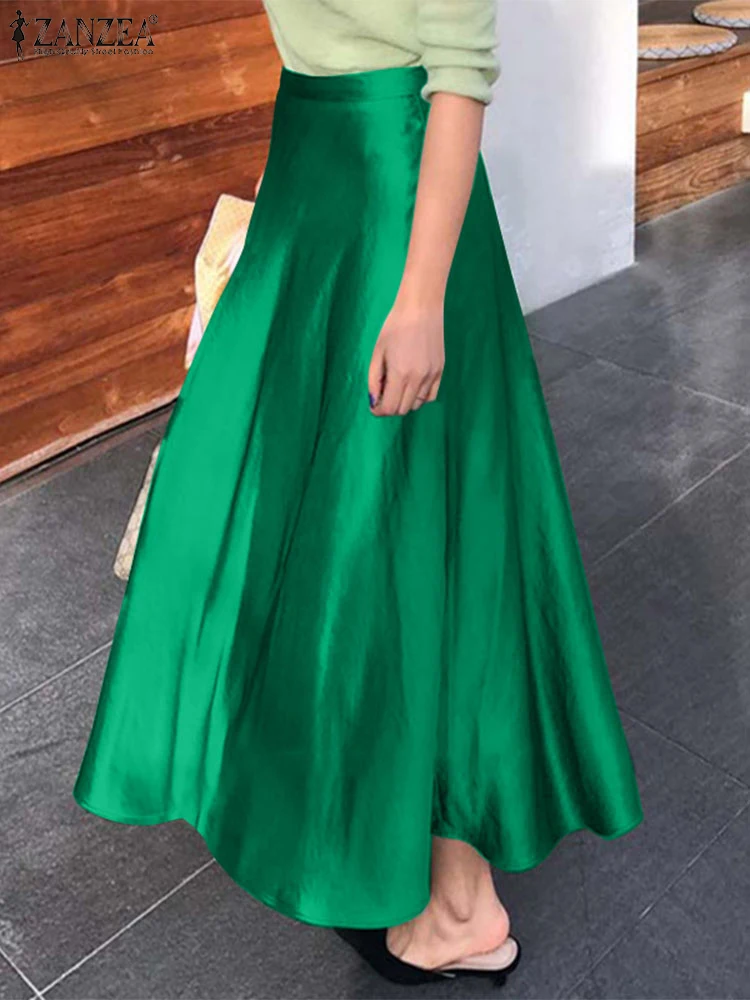 ZANZEA Mode Frauen Lange Röcke Frühling Hohe Taille Party Jupe Faldas Saia Solide Plissee Arbeit Rock Elegante Satin EINE Linie Vestidos