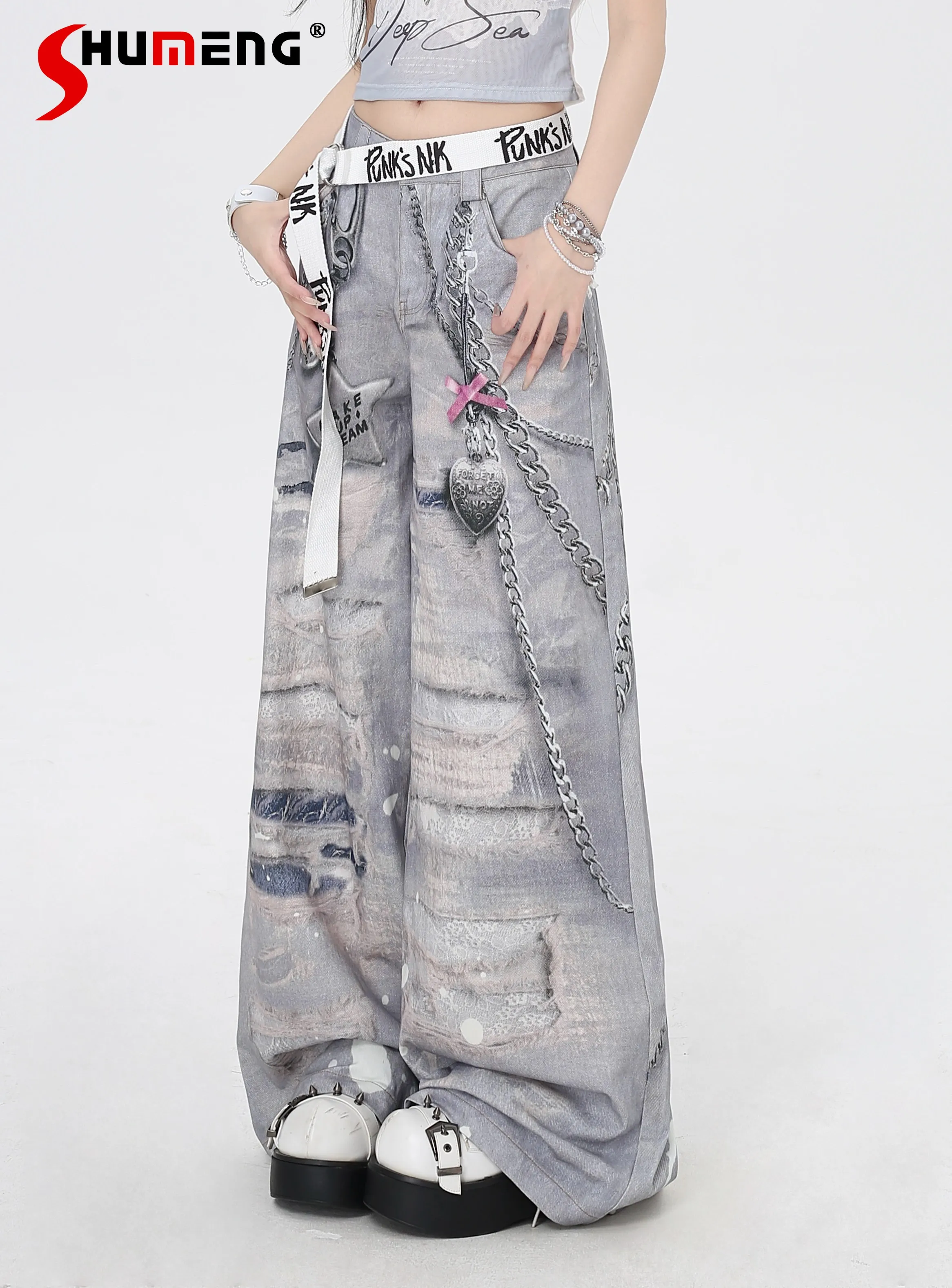 

American Fashion Street Retro Sweet Cool Girl Baggy Pants 3D Printing High Waist Versatile Casual Wide Leg Long Trousers Women