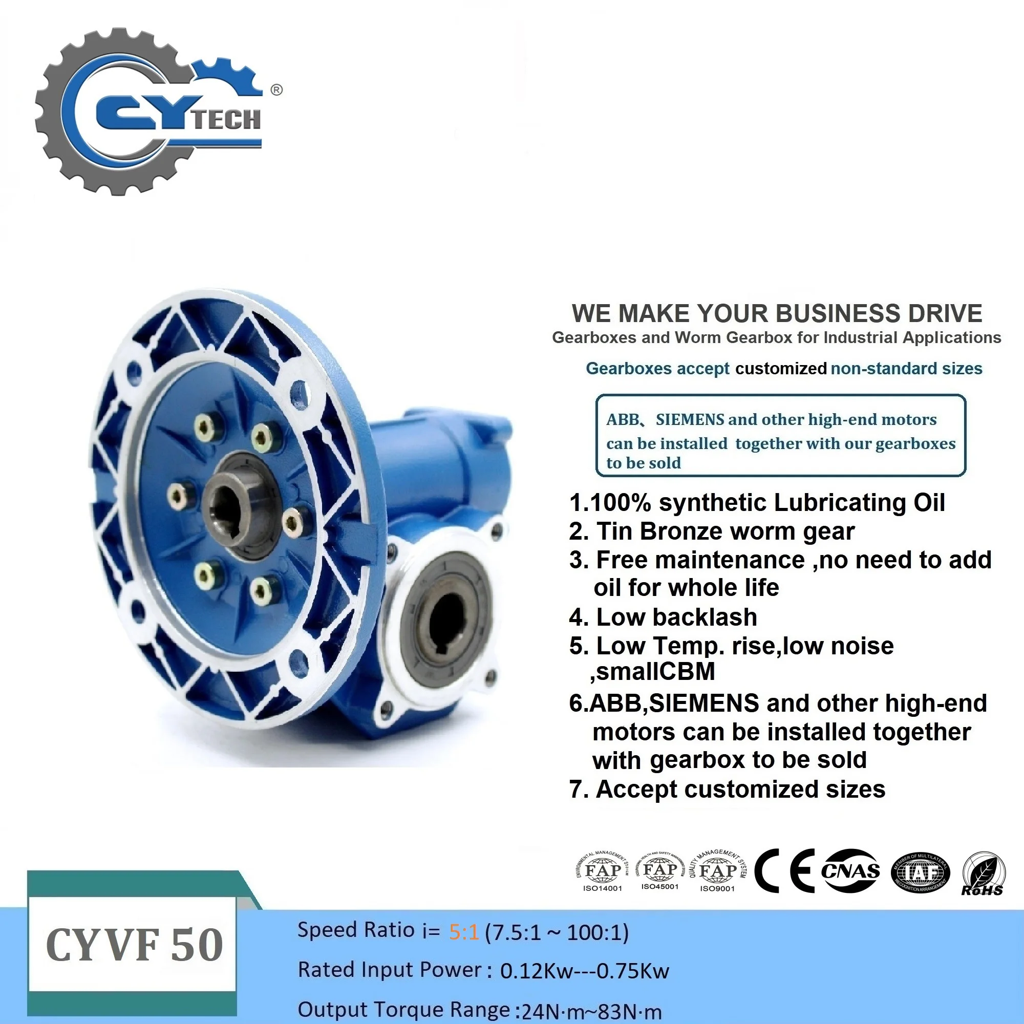 CHENYUE Worm Gearbox CYVF050 Gear Reducer Input 11/14/19mm Flange 63B5/71B14/80B5 Output 25mm Ratio 5:1-100:1