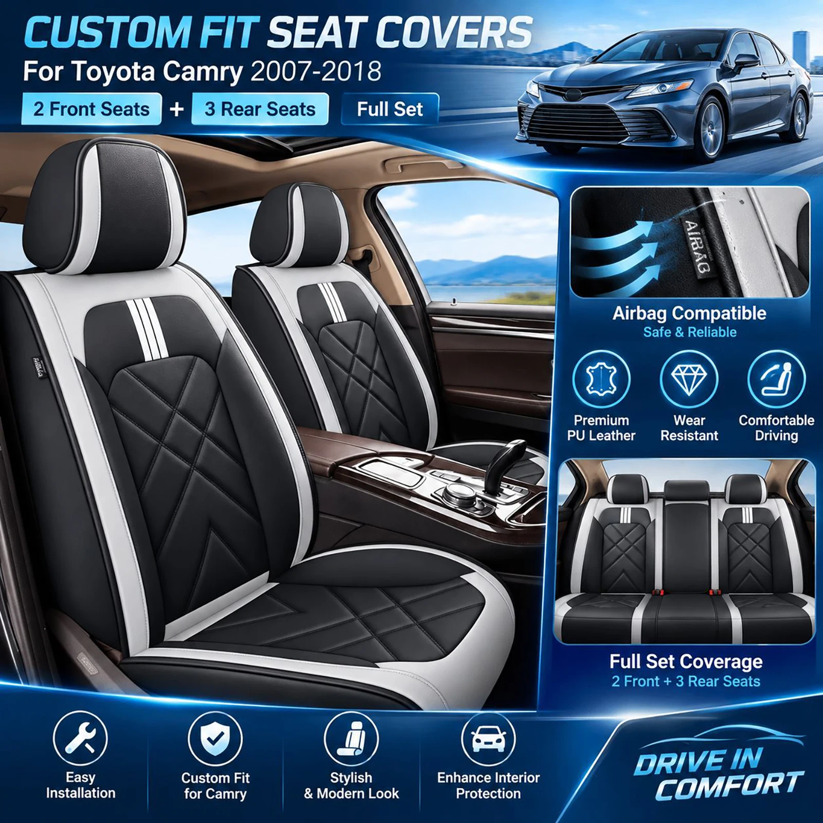 Gray Black Full Set Car Seat Covers for Toyota Camry 2007-2018 Front and Rear Airbag Compatible
