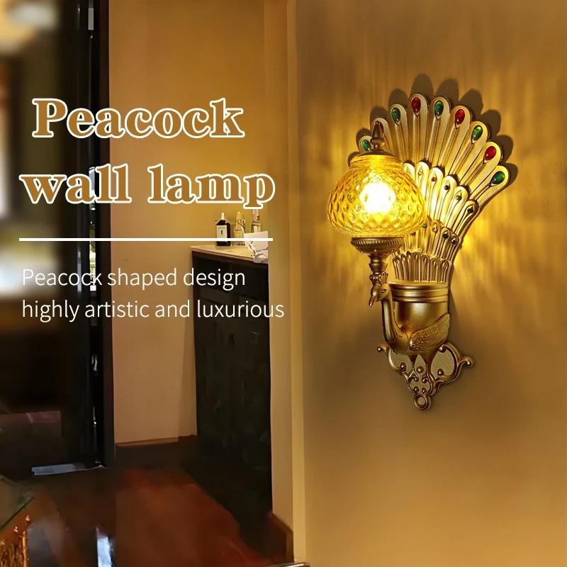 Designer Bohemian Atmosphere Tiffany Glass Peacock Wall Lamp Art Decorative Wall Mounted Club Hotel Living Room Bedroom  Decor