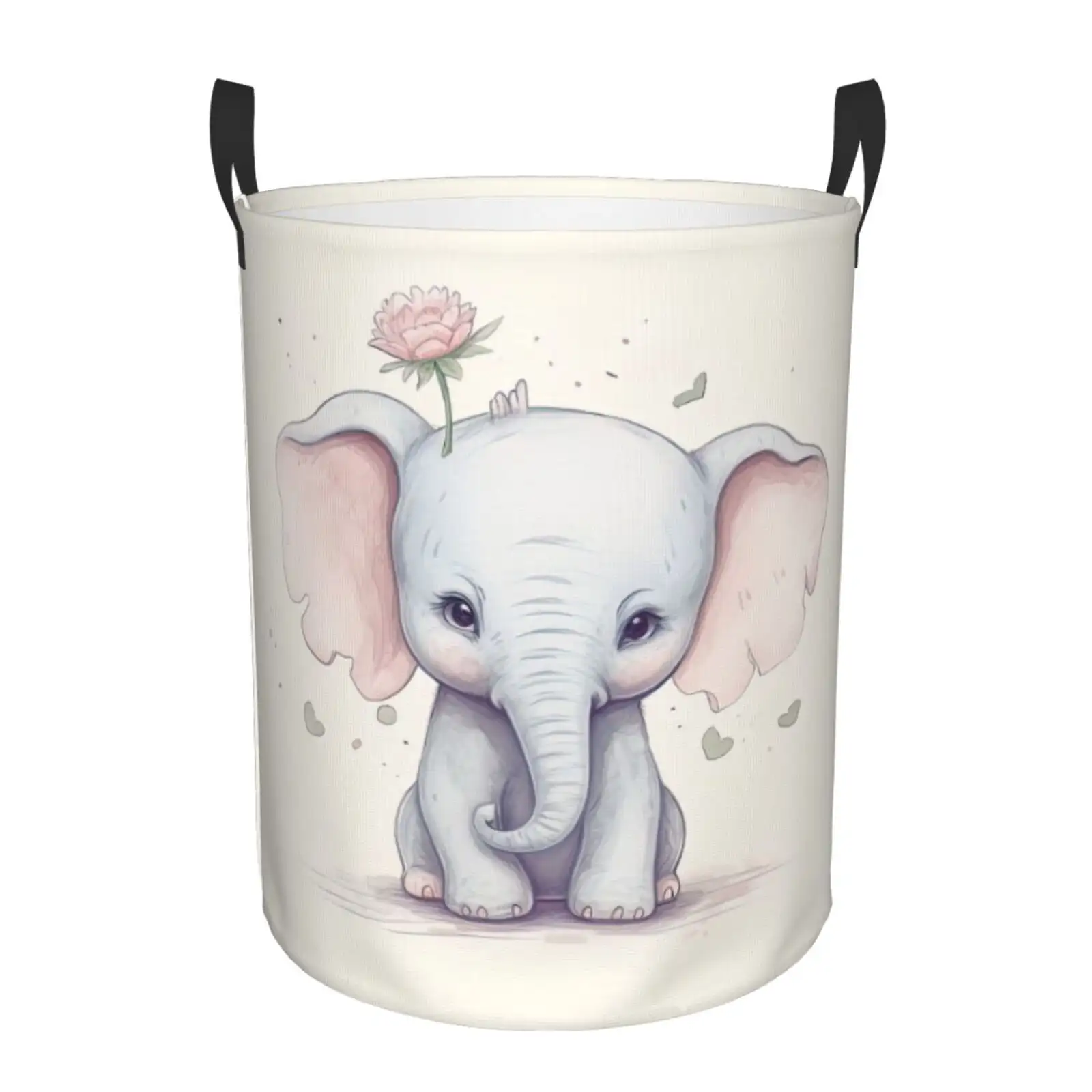 Pink Cute Elephant 01 Laundry Basket 65L Large Foldable Round For Dirty Clothes Toy Storage