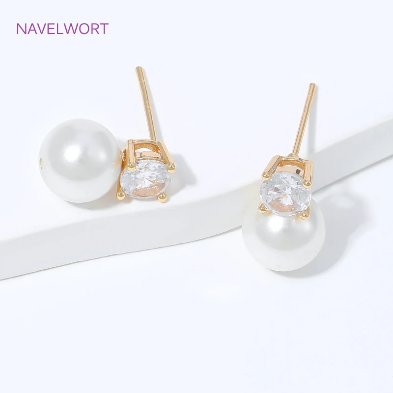 2Pcs 18K Gold Plated Earring Posts With Pearl Mounting Accessories,Inlaid Zircon Earring Studs Base,DIY Jewelry Making Findings