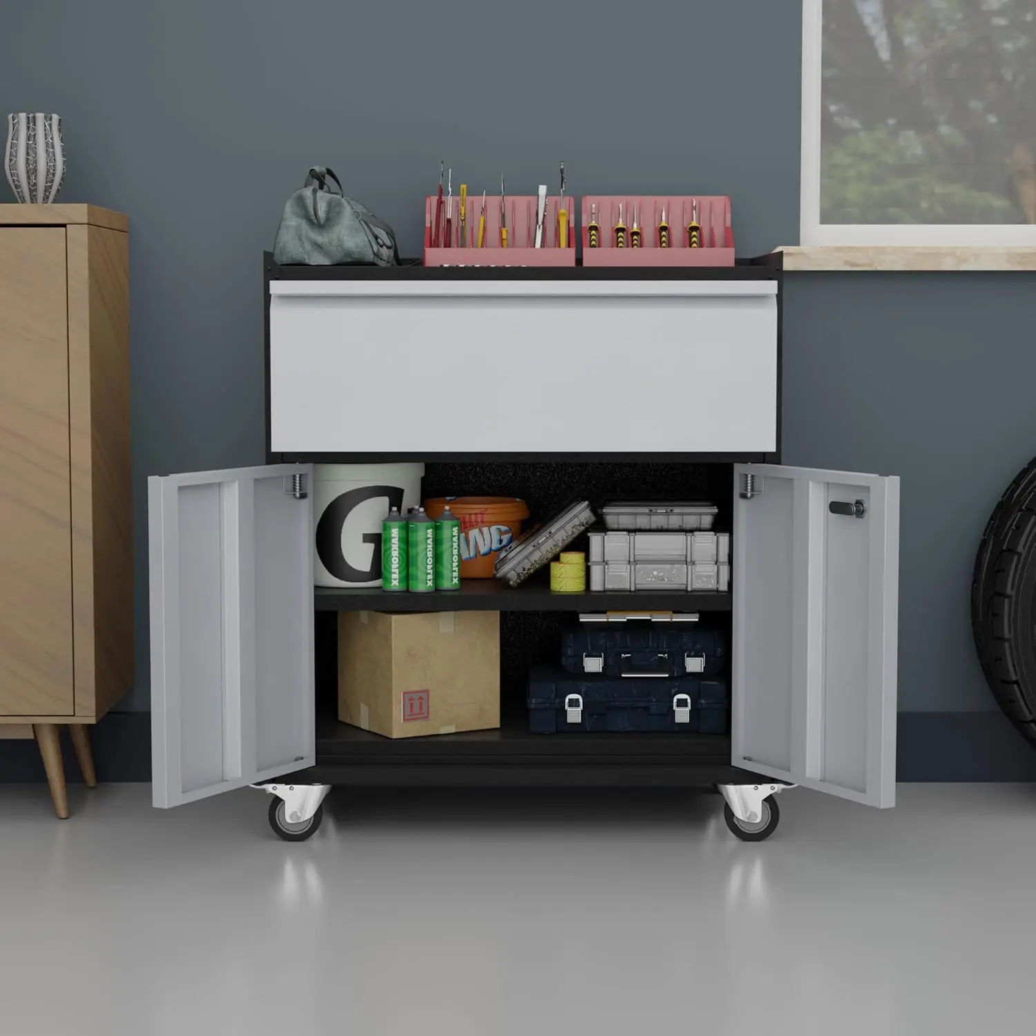 

Metal Storage Cabinet with Wheels, Locking Garage Storage Cabinet with 1 Drawer and 2 Doors, Rolling Storage Cabinet Perfect