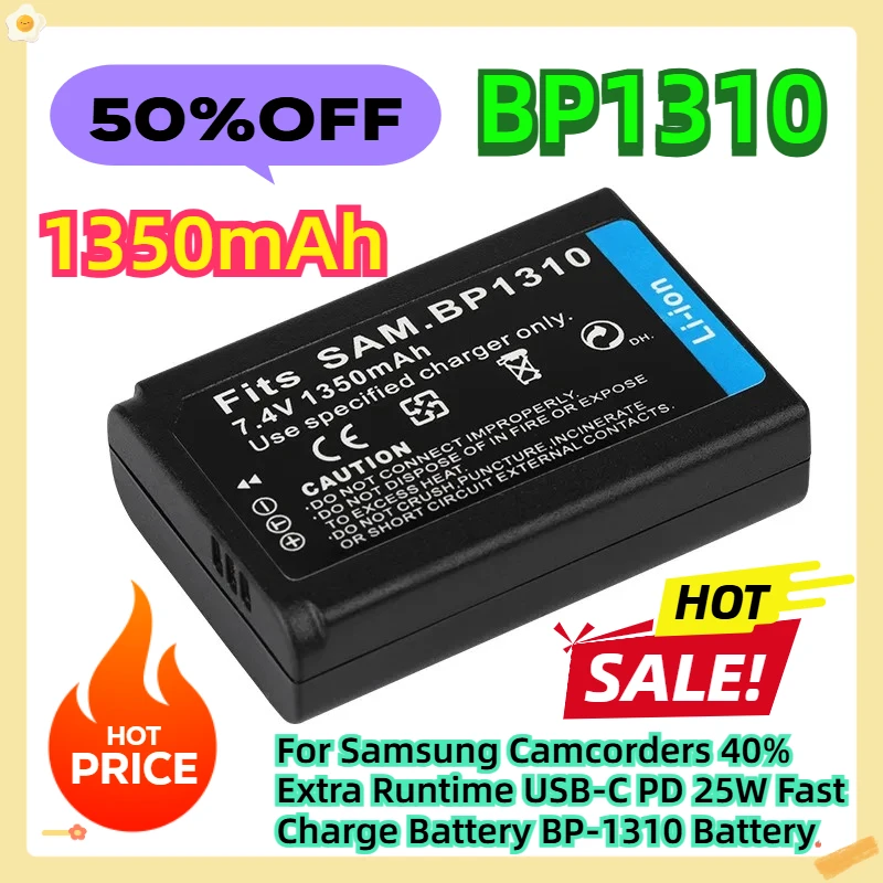 

For Samsung Camcorders 40% Extra Runtime USB-C PD 25W Fast Charge Battery BP-1310 1350mAh Battery