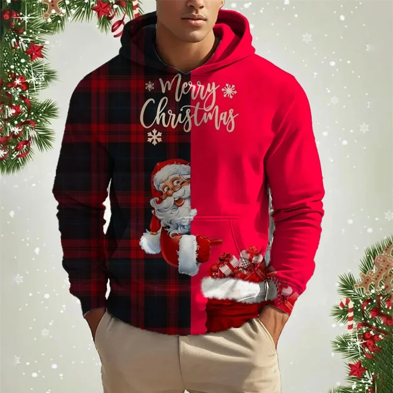 

3D Printed Christmas Tree Hoodie For Men Snowman Santa Claus Pattern Long Sleeve Casual Sweatshirt Loose Pullover Unisex Hoodies