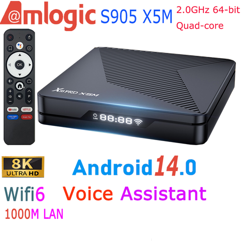 Amlogic S905X5M 안드로이드 14.0 8K 비디오 1000M 이더넷 Wifi6 BT5.0 음성 비서 리모컨 미디어 스마트 TV 박스 X88 PRO X5M