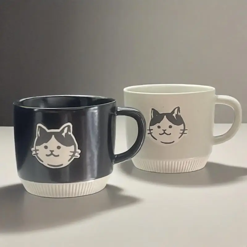 200ml Cute Cat Ceramic Mug Set, 2pcs Black White Kitten Coffee Tea Cup Microwave Safe