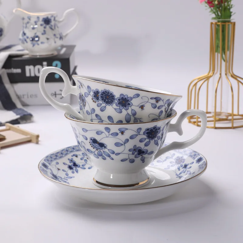 Blue and white bone china 15 head coffee set, ceramic coffee cup and plate afternoon tea set