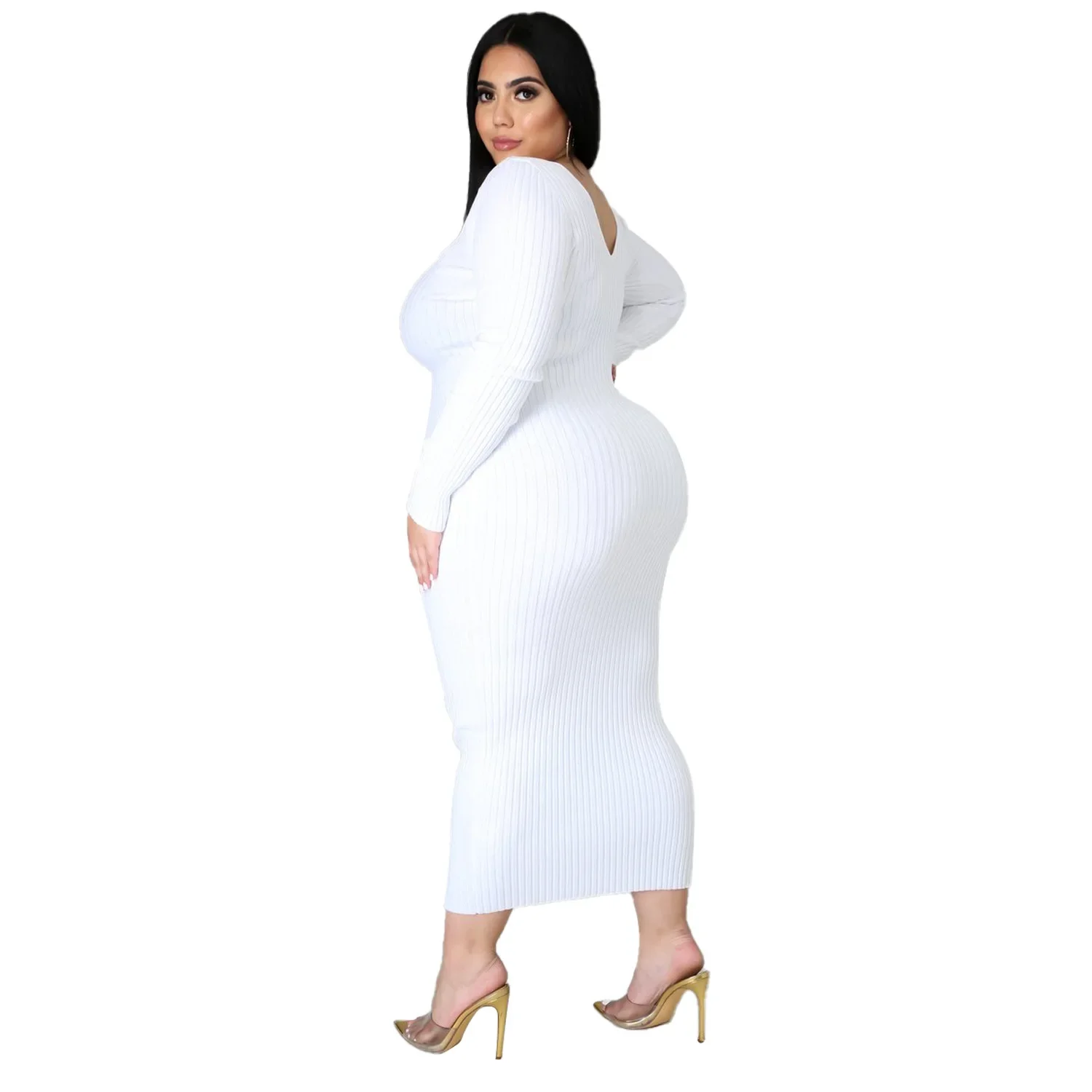 Plus Size Solid Color Long Sleeve Rib Pit Knit Cotton Mid-Calf Dress Women\'s Bottoming Long Dress Sexy Party Club Dresses