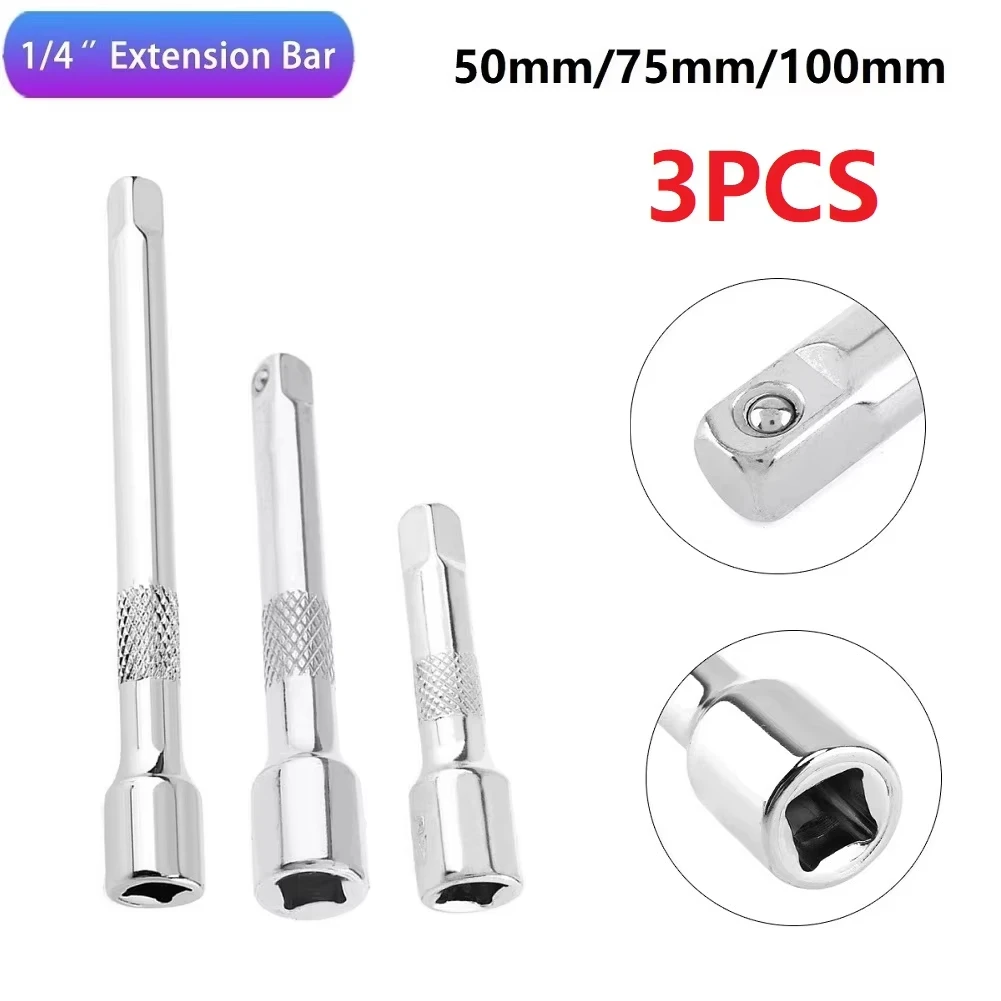 3pcs 1/4 Inch Socket Ratchet Wrench Extension Bar 50/75/100mm Long Bar Steering Sleeve Connecting Rod Socket Extender hand tool image 2