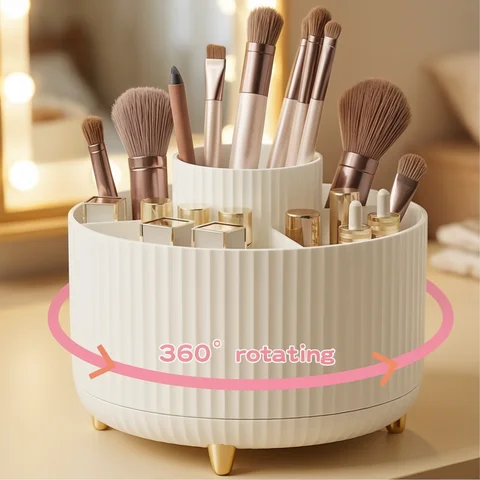 360° Rotating Makeup Organizer - 1pc Plastic Cosmetic Storage with 5 Compartments - Multi-Functional Holder for Brushes