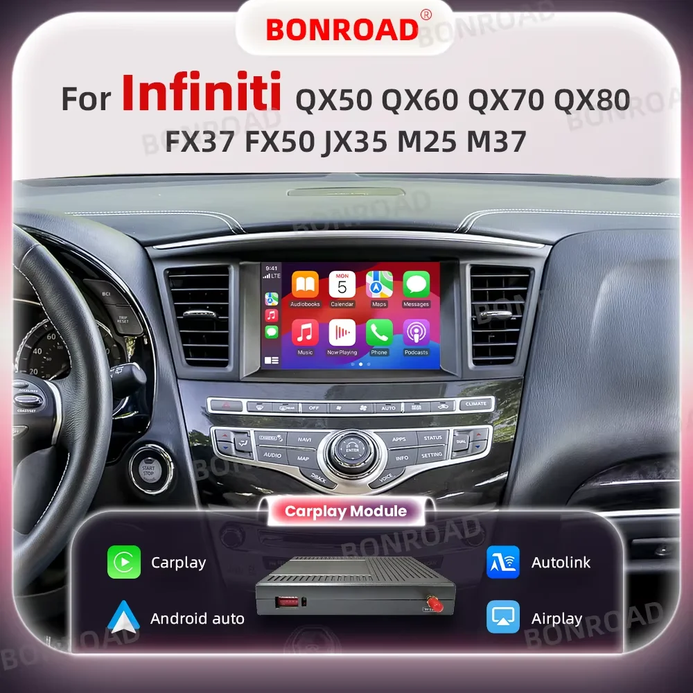 BONROAD Wireless CarPlay Android Auto Adapter For Infiniti Q40 Q50 G25 G37 QX50 EX25 EX37 QX60 JX35 QX70 FX37 FX35 QX80 QX56 With HD Screen Mirror Link AirPlay Bluetooth GPS Navigation Decoder Box