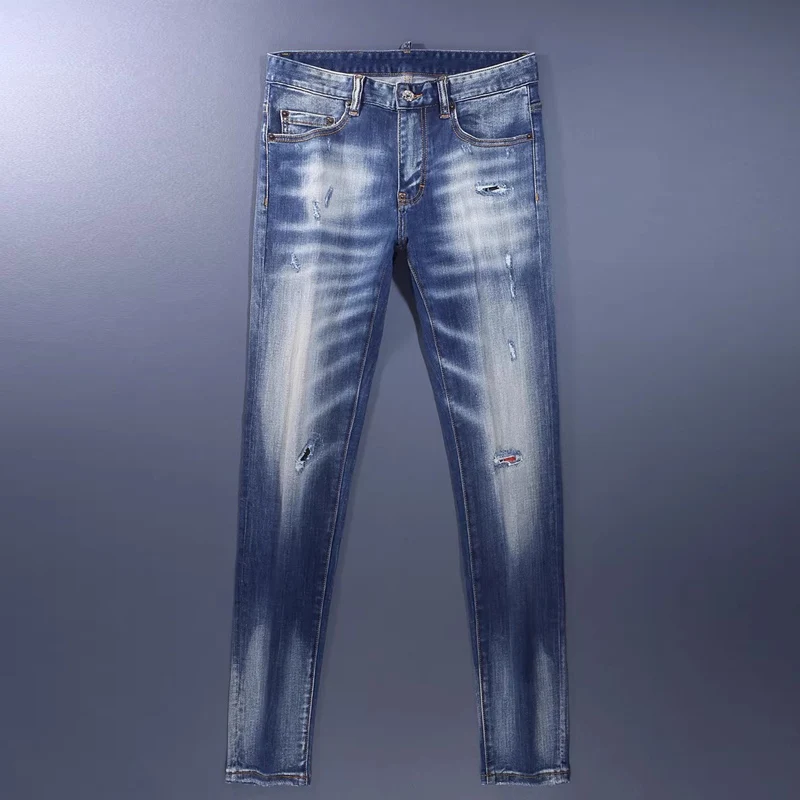 

Мужские джинсы Y2K Street Designer Fashion: ретро-стиль, синие, стрейч, облегающие, с дырками и заплатками, рваные, брендовые, винтажные, джинсовые брюки для мужчин