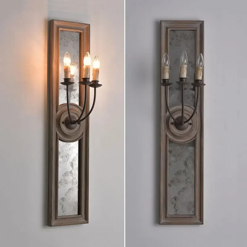 American Retro Wooden Mirror Frame Wall Lamp French Living Room Bedroom Corridor Porch Wooden Old Iron Candle Lamp Wall Lamp