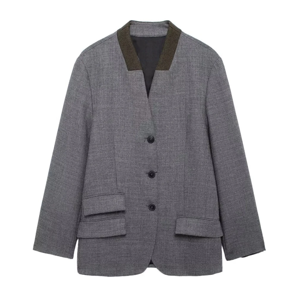 Tangada 2024 Autumn Winter Women Gray Patchwork Blazer Jacket Pocket Long Sleeve Female Coat BE0329