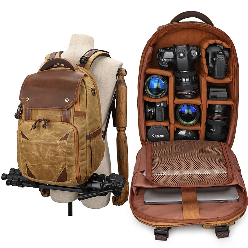 Camera Bag Waterproof Retro Batik Canvas Leather Backpack USB Port fit 15.4inch Laptop Men Photography Bags Travel Carry Case