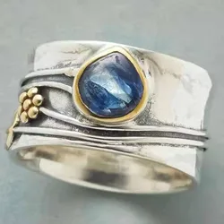 KSRA 2024 New Fashion Wide Face Exaggerated Leaf Flower Blue Stone Ring For Women Engraving Classic Party Jewelry