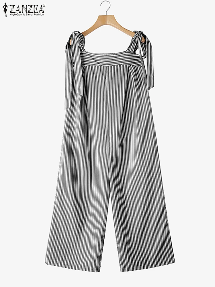 

ZANZEA женские летние полосатые комбинезоны 2025 повседневные бандажные бретели винтажные широкие комбинезоны модные свободные длинные комбинезоны с принтом