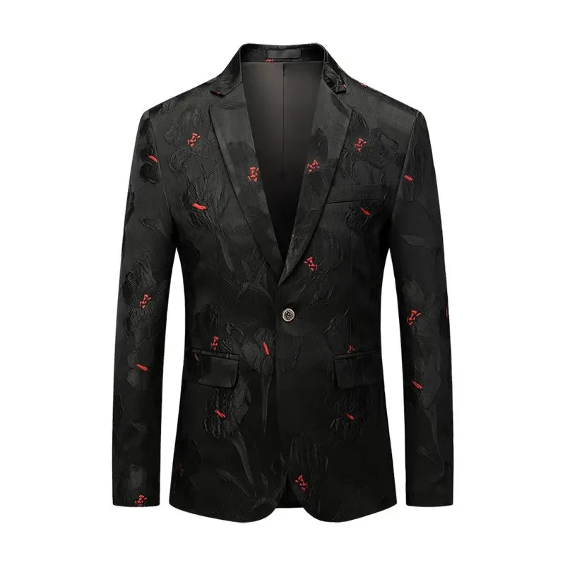 

KIDWHXR Suit Coat Men Fashion Flower Printed Turn Down Collar Male Outerwear Non-ironing Long Sleeve Slim Business Man Blazer