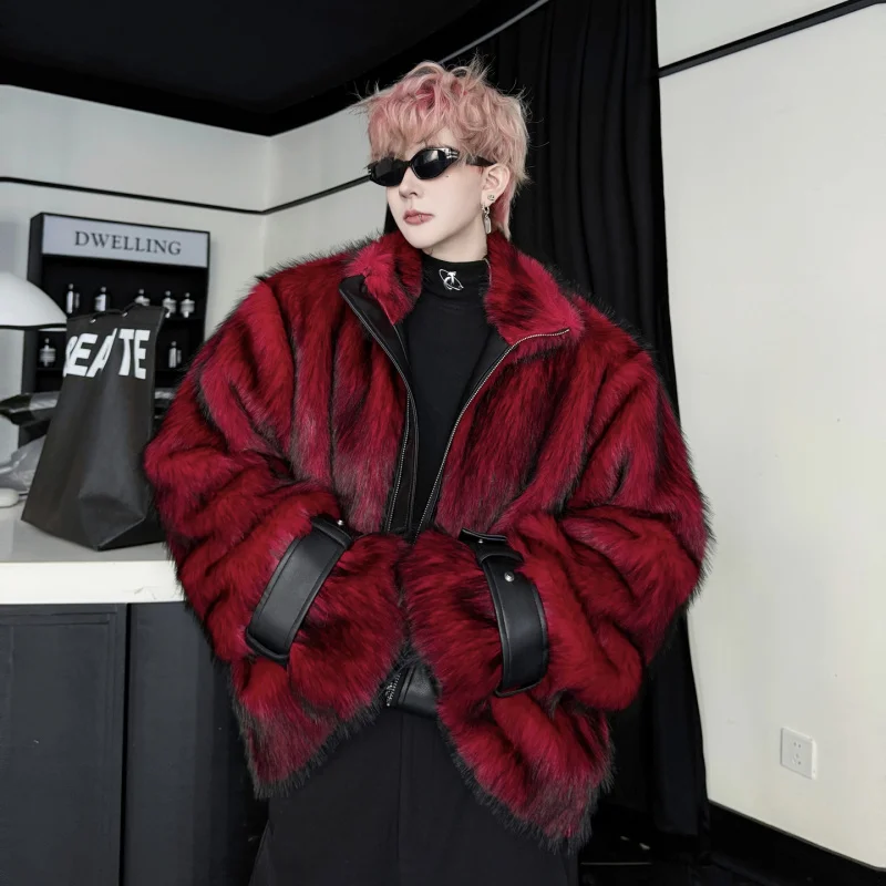 Men's Fur Coat Luxury Loose Fit Cotton Integrated Shaggy Warmth Outdoor Casual Style Mid-Length Zipper Closure No Hat