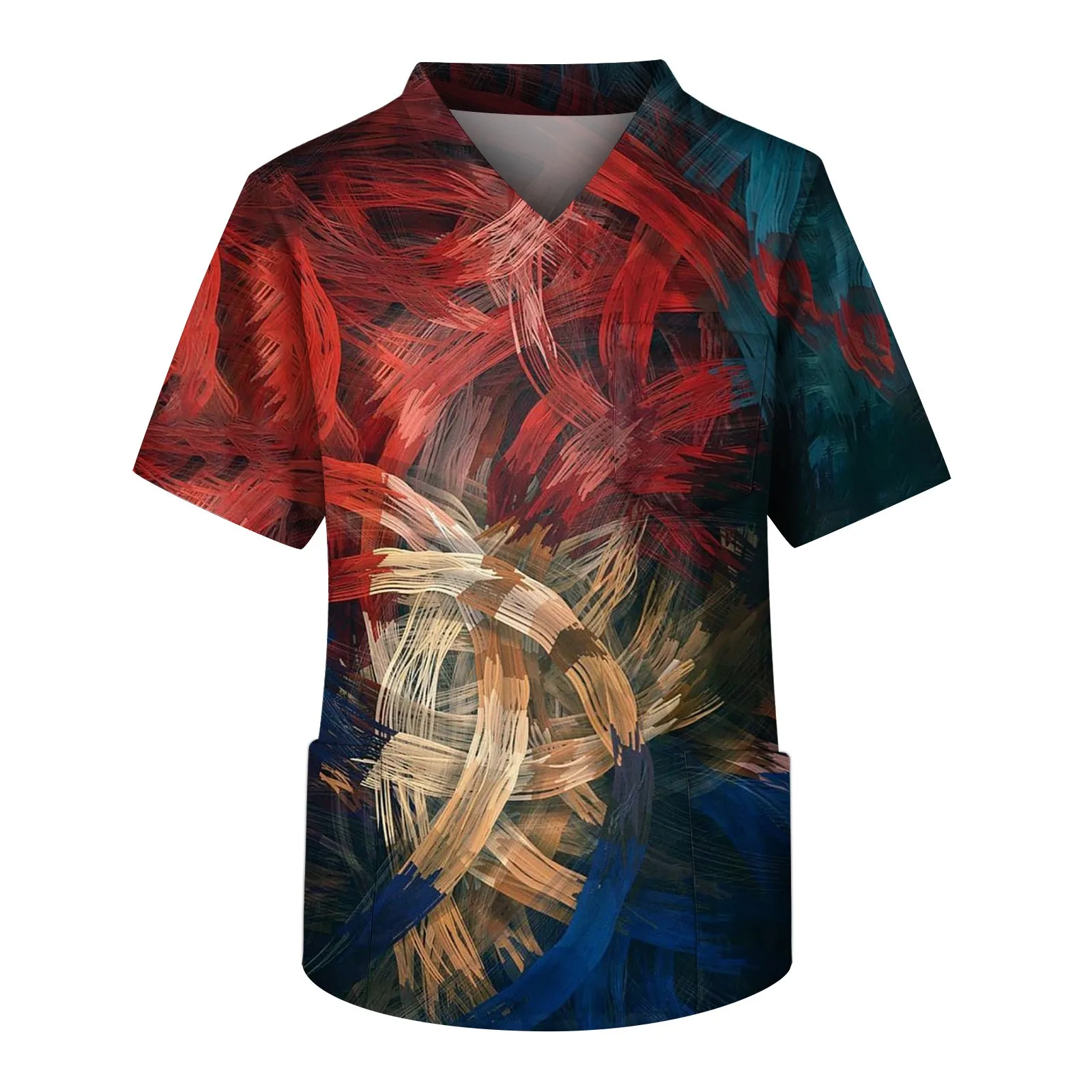 Heren Korte Mouw V-Hals Gradiënt Print Borstzak Verzorger Top Gezondheidszorg Kliniek Kleding Verpleegkundige Uniform Zomer Oversized T-Shirts