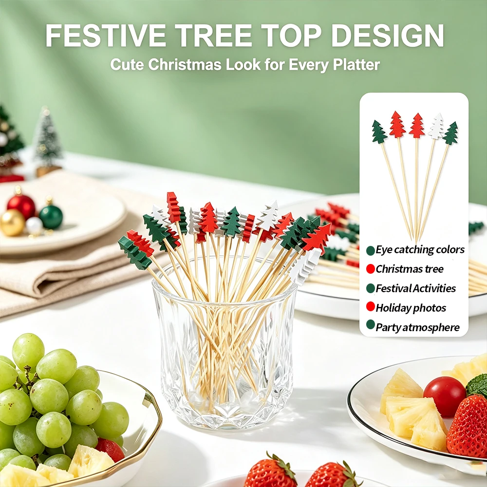 300/150/50PCS Christmas Tree Fruit Picks, 12cm Bamboo Cocktail Picks, Decorative Toothpicks for Xmas Party, Holiday Food Garnish for Fruit Platter, Dessert, Drinks