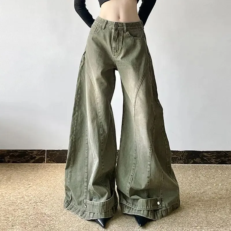 American Retro Fashion Old-segmented Denim Cargo Pants Low Waist Loose Street Harajuku Casual Jeans Women Unisex Wide-leg Pants