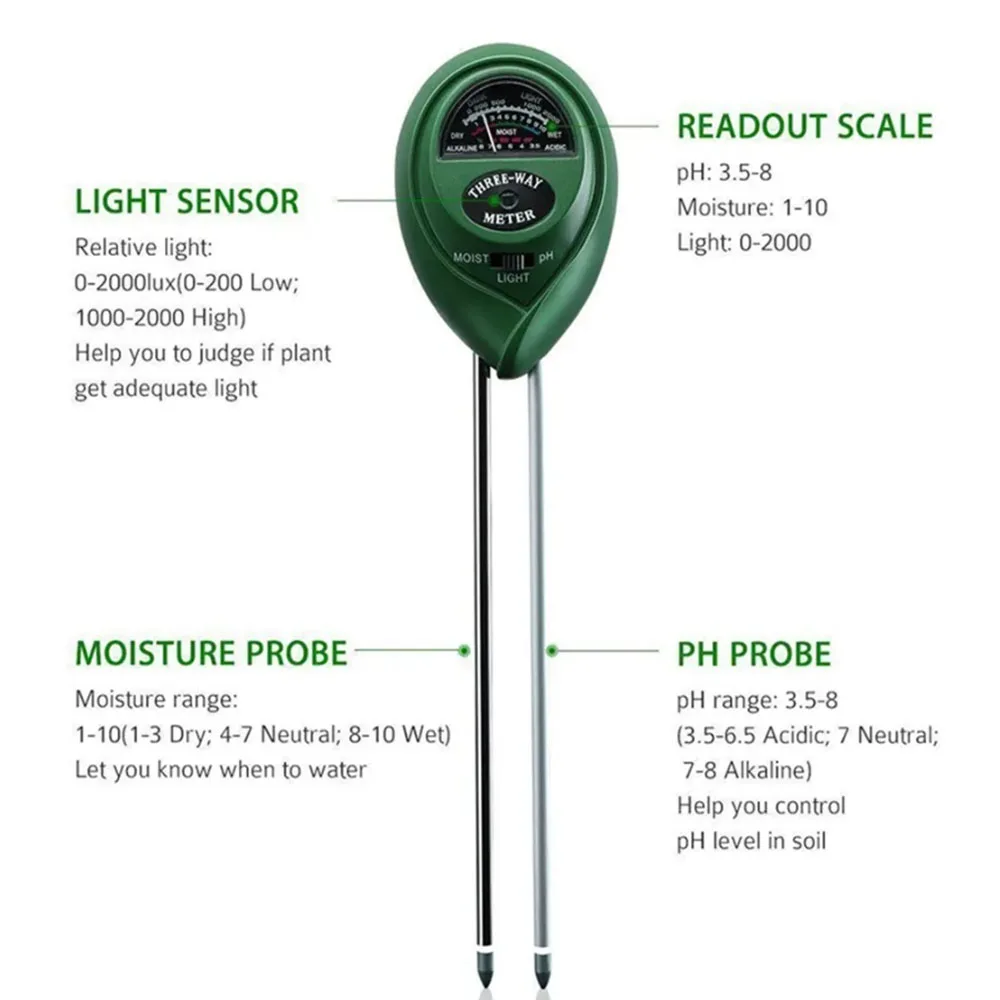 1PC Protable 3 In1 Moisture Sunlight PH Meter Soil Water Acidity Humidity Light PH Test Garden Plants Flowers Moist Tester