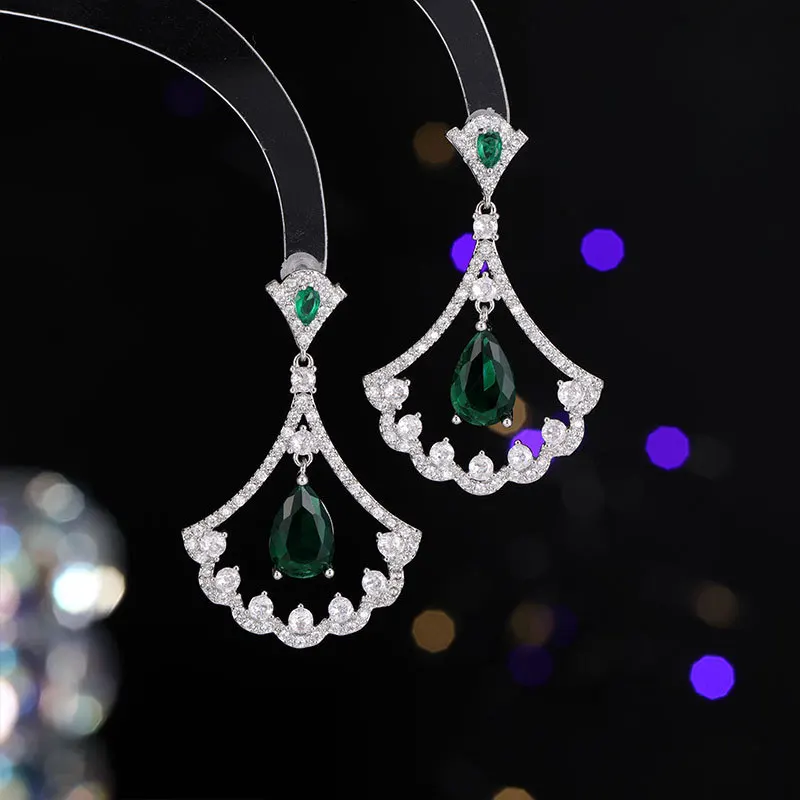 Splendid Open Back Green Fan Shaped Drop Earrings for Women Party