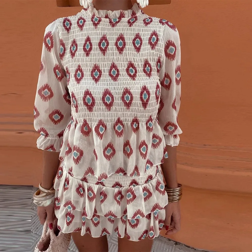 2024 Fashion Slim Ruffles Print Mini Skirt Suit Women Round Neck Half Sleeves 2 Pieces Sets Spring Summer Casual Vacation Outfit