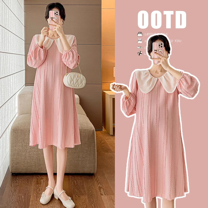 2623# 2023 Autumn Korean Fashion Maternity Dress Sweet Pink O neck Loose Clothes for Pregnant Women Cute Pregnancy Clothing