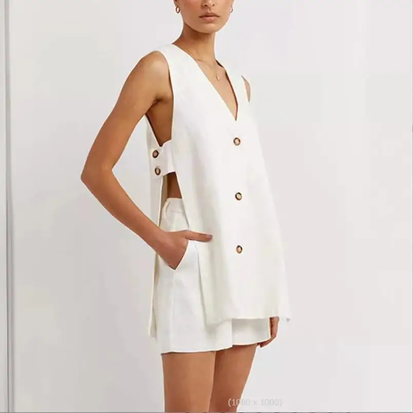 

Summer Fashion Casual Women Suits 2 Pieces Sets V Neck Sleeveless Buttons Vest Blazer High Waist Shorts Lady Office Tracksuit